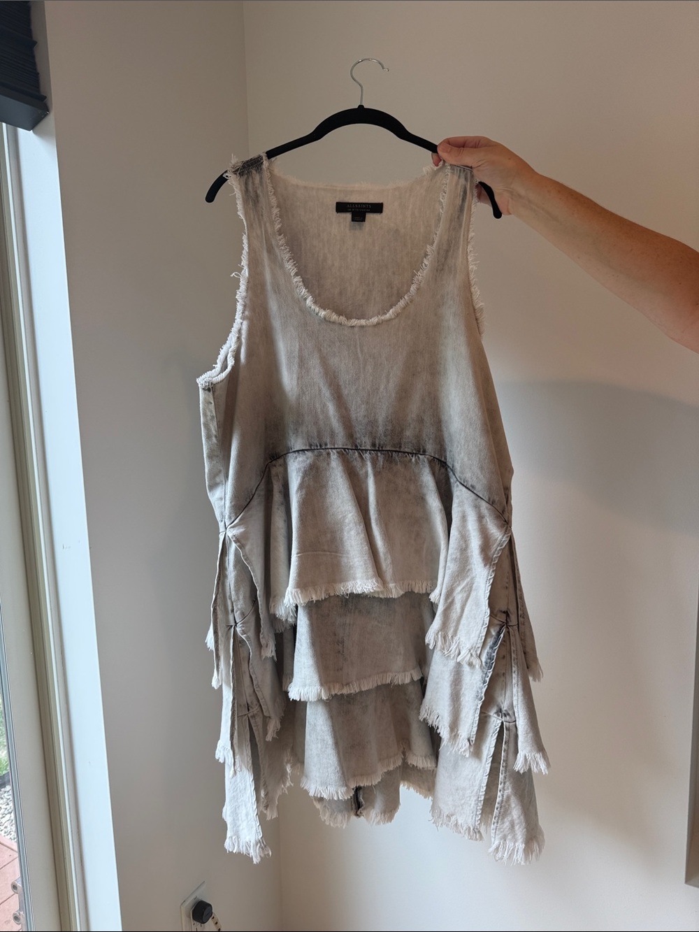 AllSaints Washed Gray Tiered Frayed Midi Dress